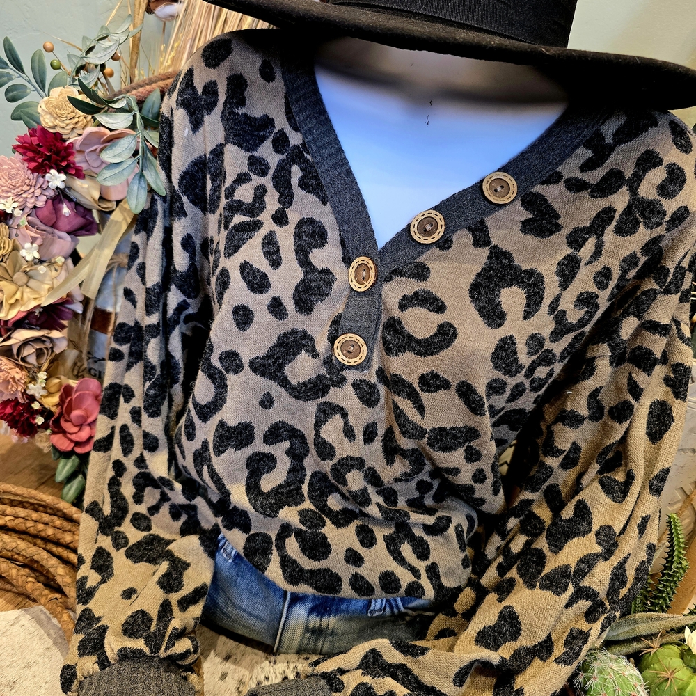 Chic Leopard V-Neck Sweater with Button Detail